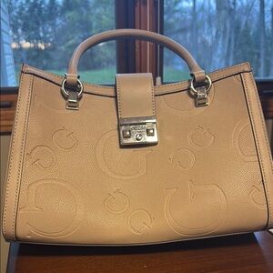 Guess Tan Satchel with Silver Hardware and Embossed Design